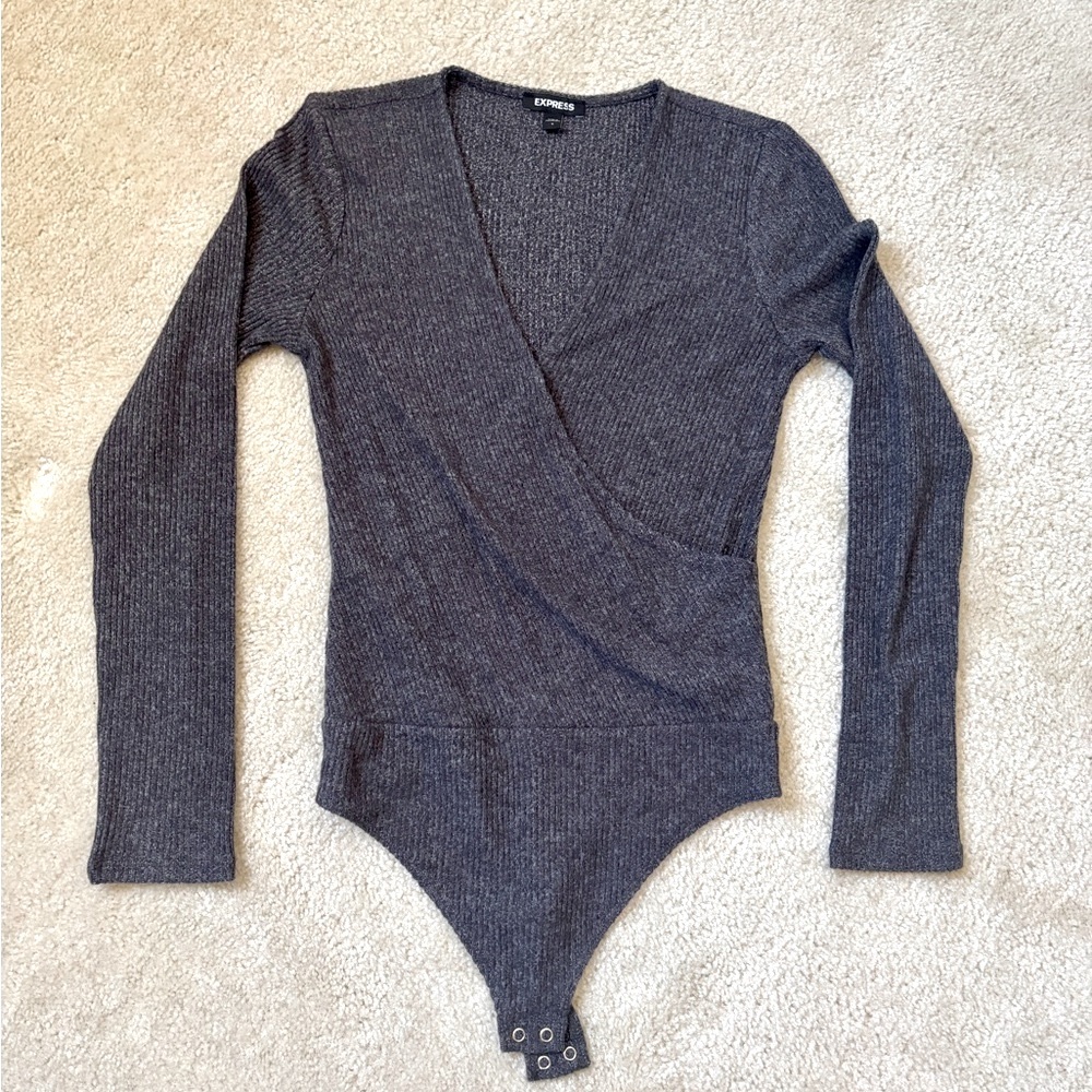 Express Gray Wrap Sweater Bodysuit S